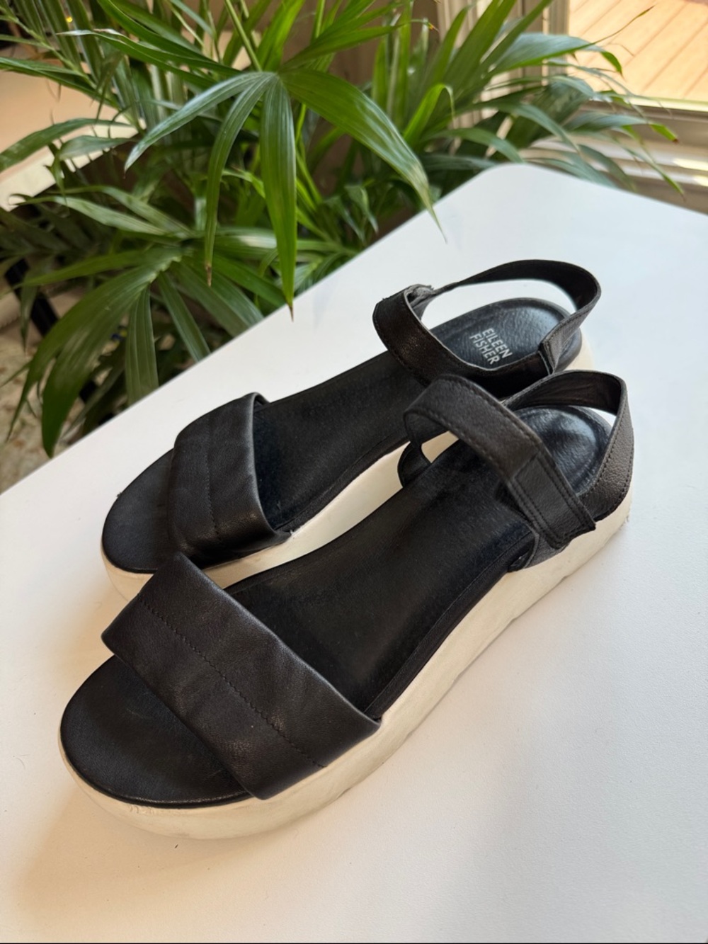 Eileen Fisher Black Platform Sandals with White Sole